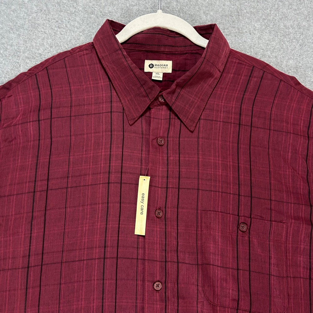 Haggar Button Down Shirt Mens XXL Windsor Wine Marl Plaid Easy Care Office Top